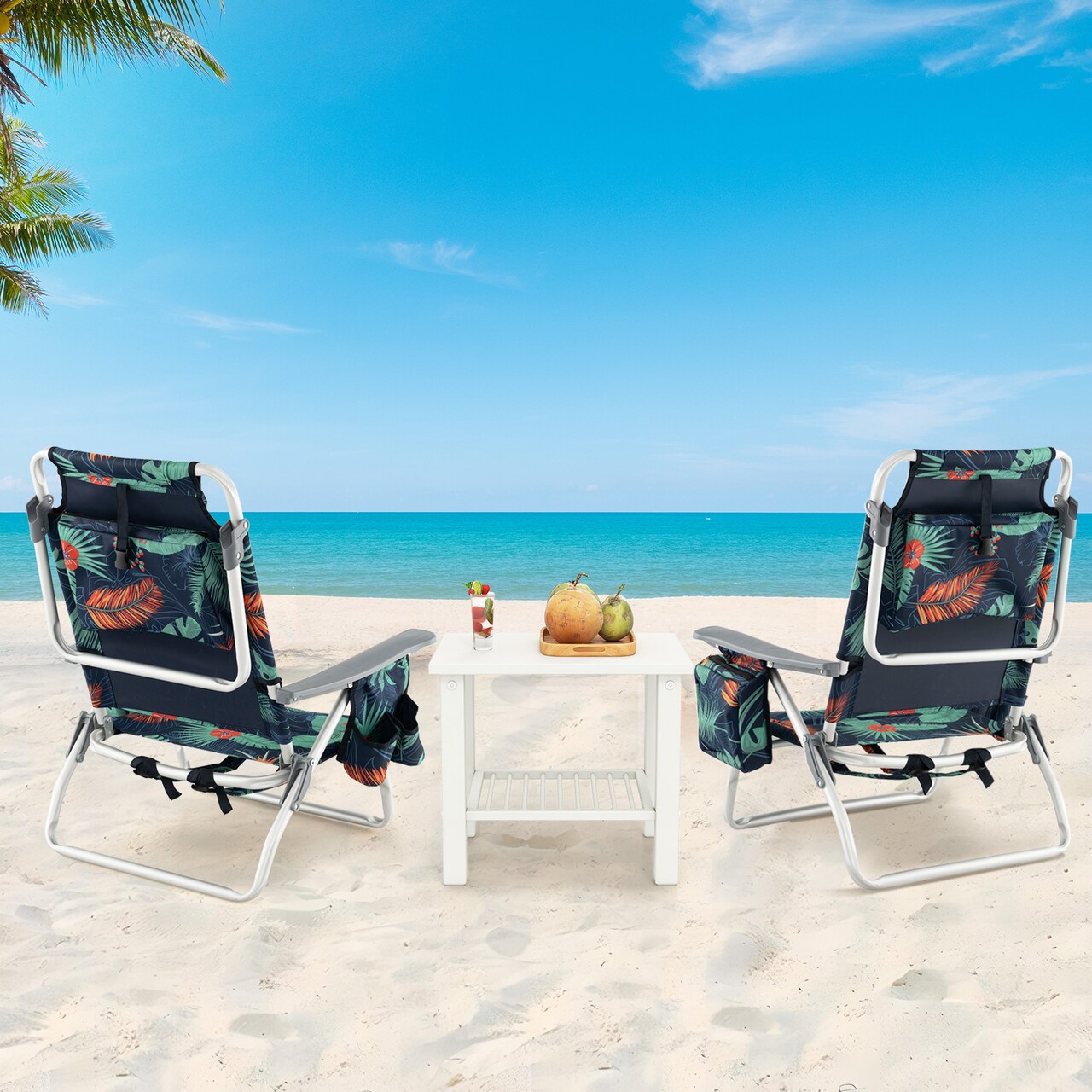 2 Pieces 5-Position Reclining Outdoor Folding Chairs with Cup Holder and Extra Storage Ideal for Beach or Camping